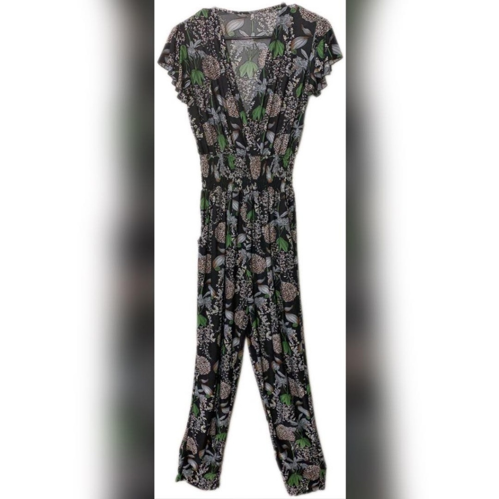 Black Jumpsuit  with Green Leaves